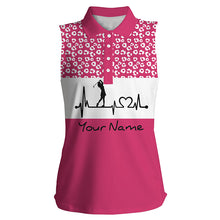 Load image into Gallery viewer, Women's sleeveless golf polo shirt golf heartbeat custom name leopard pattern golf shirt, golf gifts NQS4959