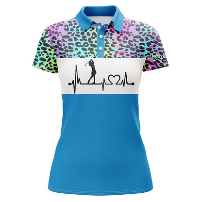 Womens golf polo shirt custom name rainbow gradient leopard golf heartbeat, golfing gifts for women NQS4961