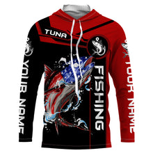 Load image into Gallery viewer, Tuna fishing American flag patriotic Custom Name men's performance Fishing Shirts, fishing apparel NQS3279