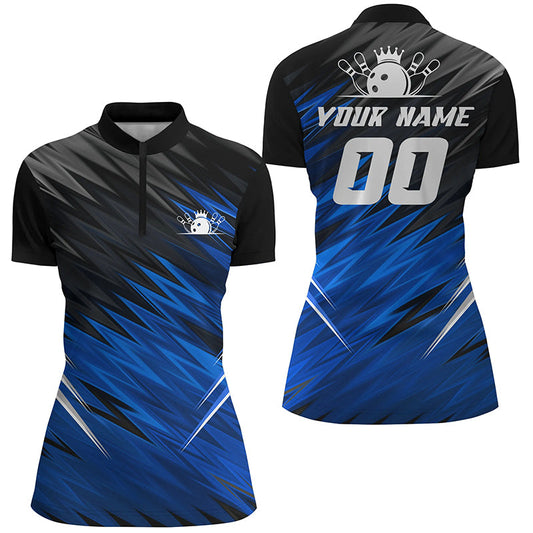 Blue and black Womens Quarter Zip shirts custom name bowling shirts for women, team bowling jerseys NQS6475