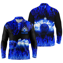 Load image into Gallery viewer, Blue personalized bowling shirt for men – custom name design side view