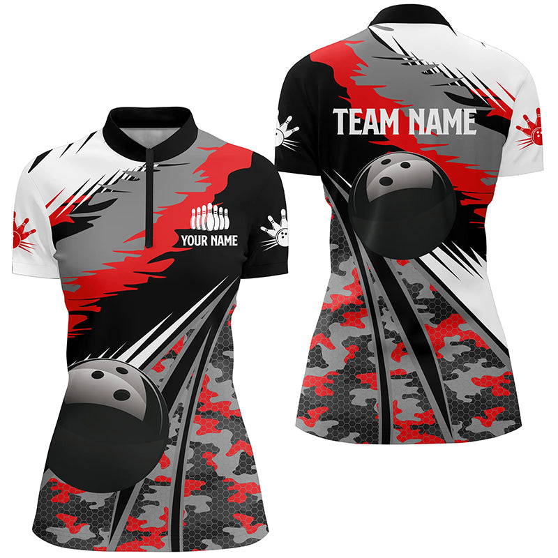 Womens bowling Quarter Zip shirts Custom black ball red camo Bowling Team Jersey, gift for Bowlers NQS6571