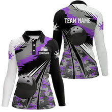 Load image into Gallery viewer, Womens bowling polo shirts Custom black ball purple camo Bowling Team Jersey, gift for Bowlers NQS6572