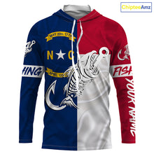 Load image into Gallery viewer, NC Fishing North Carolina Flag Fish hook skull Custom Name sun protection fishing shirts NQS3471