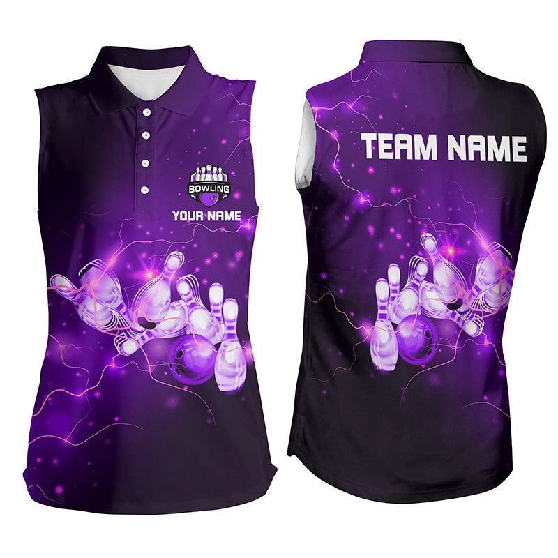 Womens Bowling sleeveless Polo Shirts Custom Purple flashes of lightning thunder team Ladies Jerseys NQS7045