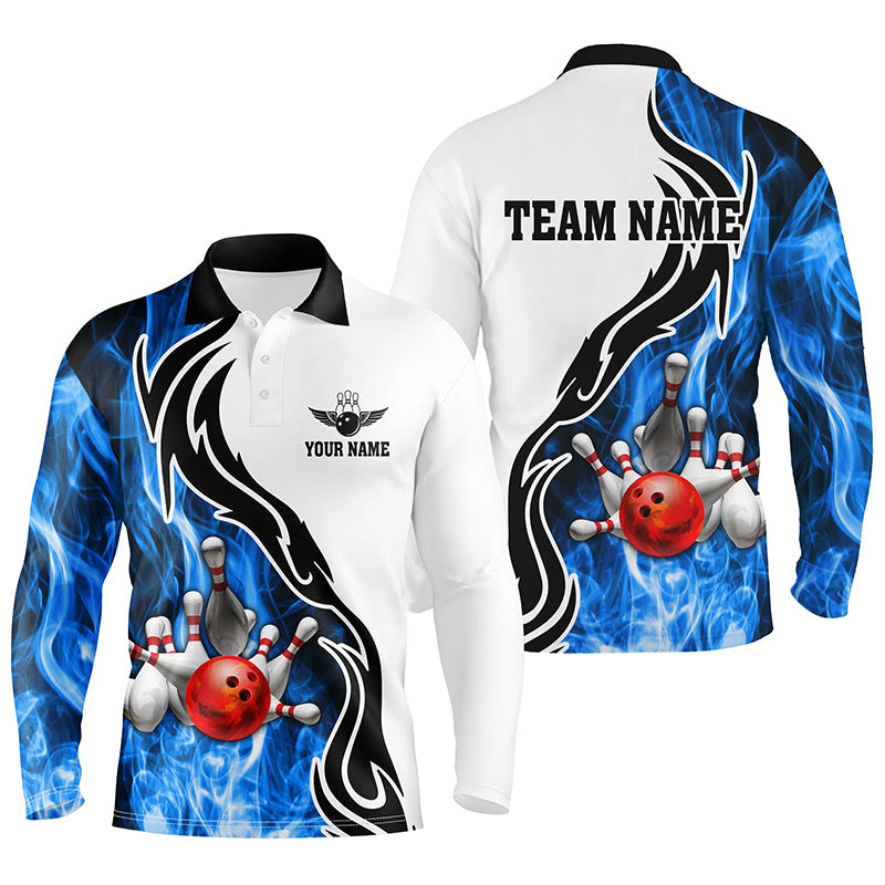 Mens polo bowling shirt Custom bowling ball pins strike team league jersey, bowl gifts | Blue NQS6404