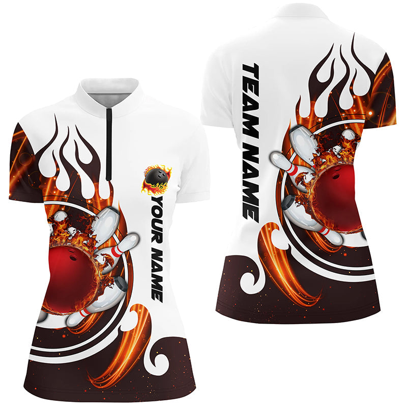White Bowling Quarter Zip Shirt for women Custom flame bowling ball pins Jerseys NQS6449