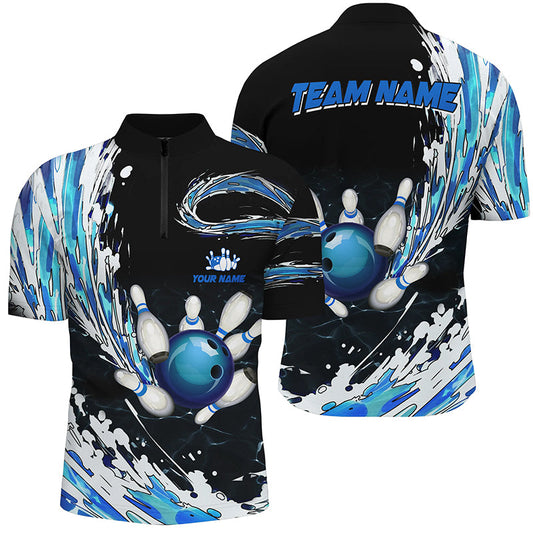 Blue Bowling mens Quarter Zip Shirts Custom bowling ball pins black bowling team league Jerseys NQS6461