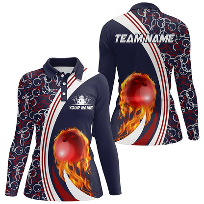 Bowling Polo Shirts For Women Custom camo flame bowling ball fire Bowling Team League Jerseys | Navy NQS6716