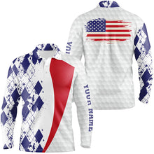 Load image into Gallery viewer, Mens golf polos shirts custom American flag blue argyle pattern white golf ball men's golf shirts NQS6474
