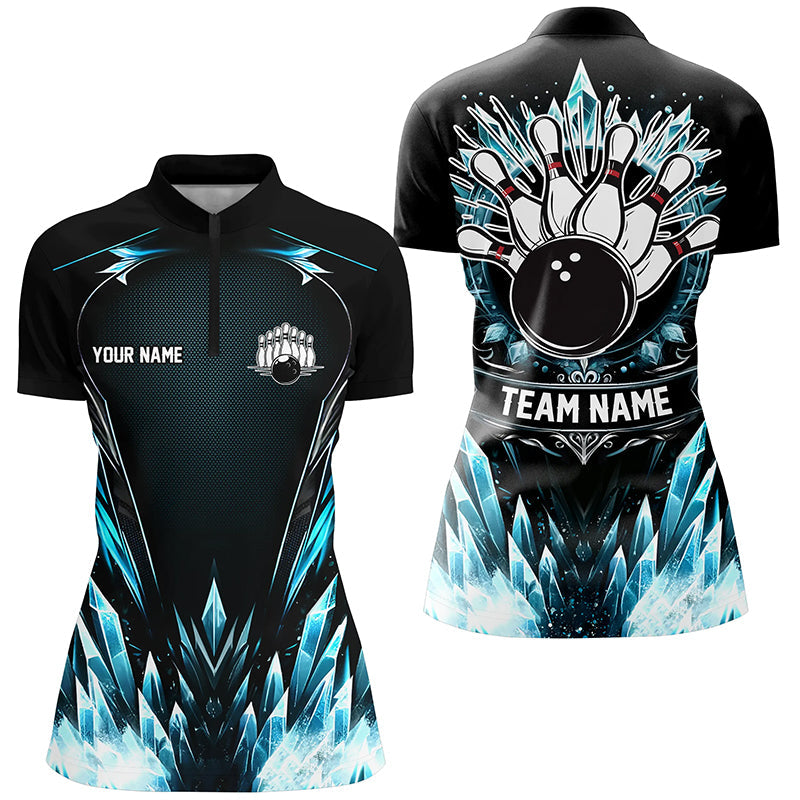 Icy Blue Light Women bowling Quarter Zip shirt Custom black team jerseys for mens, gift for bowlers NQS7212