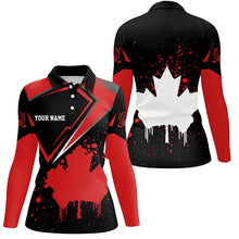 Load image into Gallery viewer, Black Womens golf polo shirt Canada flag maple leaf custom team golf shirt, Canadian patriot golf tops NQS7233