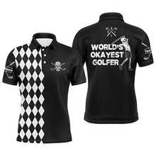 Load image into Gallery viewer, Mens golf polo shirt skull world's okayest golfer custom name black &amp; white argyle pattern golf shirts NQS5115