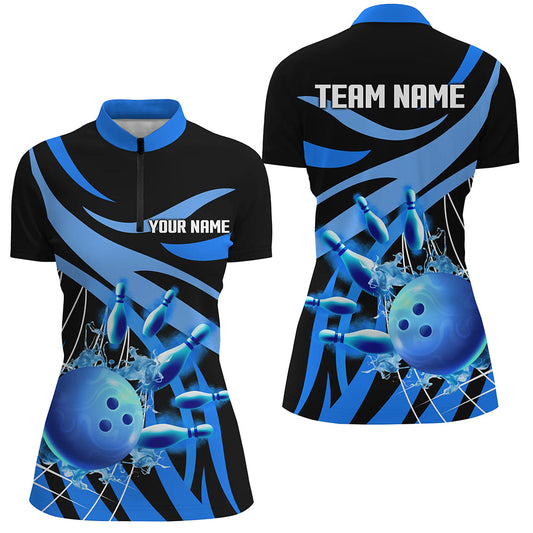 Blue flame bowling Quarter Zip shirts for women Custom Team bowling jerseys for girl, gift for bowlers NQS7243