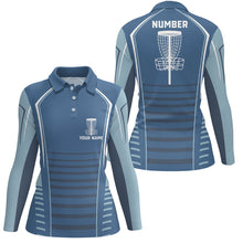Load image into Gallery viewer, Womens golf polo shirts custom blue pattern disc golf basket, personalized disc golf outfit NQS7249
