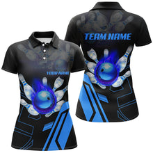 Load image into Gallery viewer, Black flame bowling ball and pins jerseys Custom Team League Bowling Polo Shirts For Women | Blue NQS6557