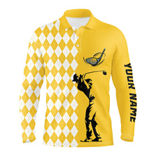 Load image into Gallery viewer, Personalized white argyle plaid pattern Mens golf polo shirts, custom Yellow golf tops for mens NQS7271