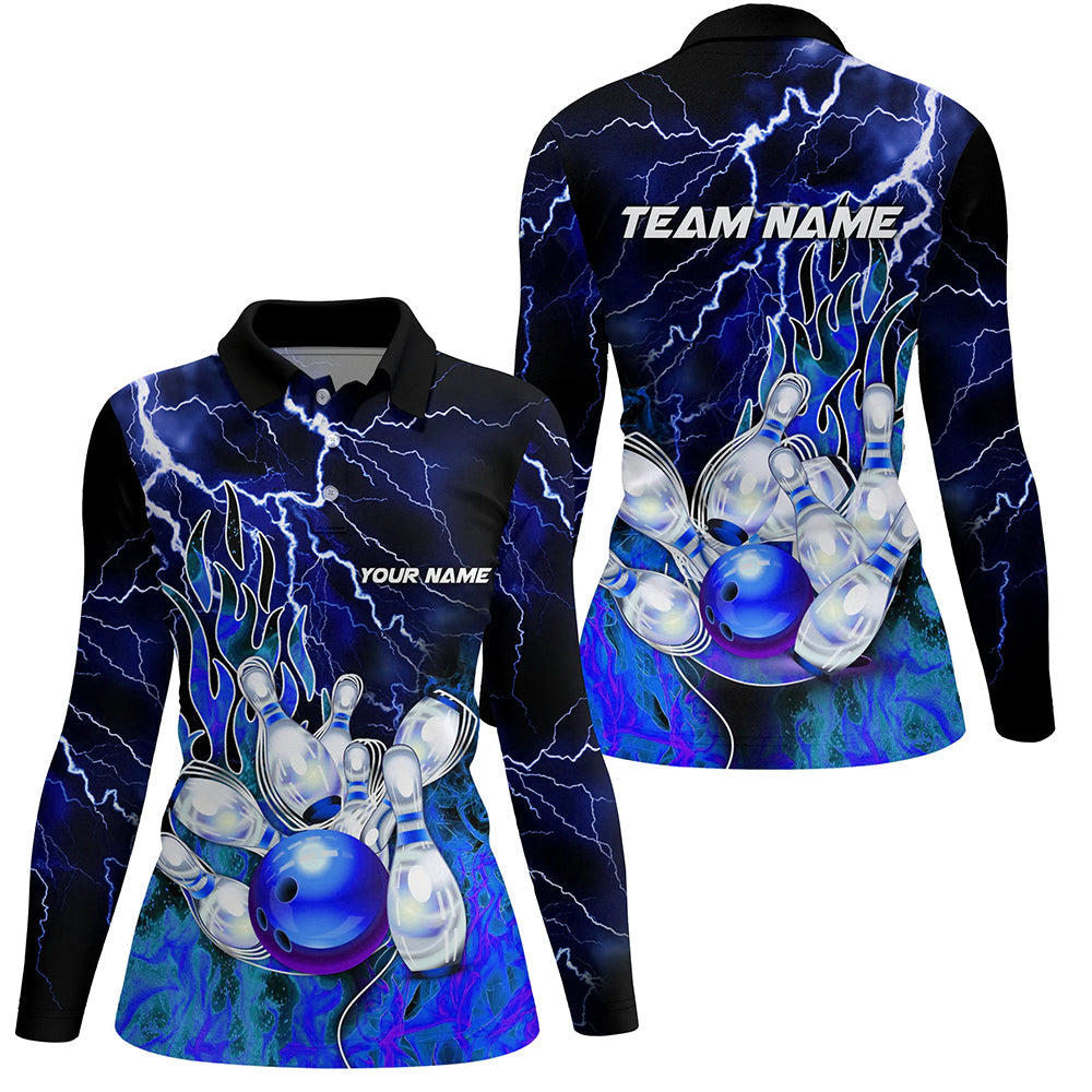 Women Bowling Polo Shirts Custom blue lightning thunder Bowling Team Jersey, gift for team Bowlers NQS7078