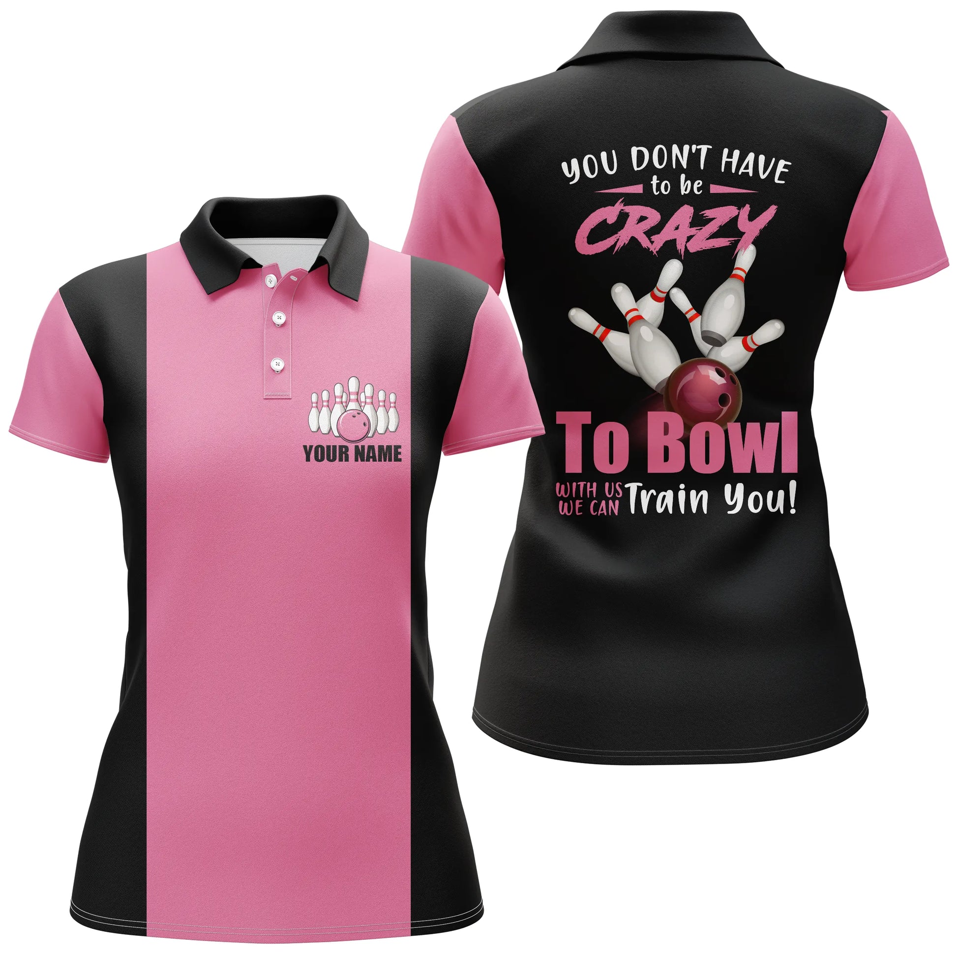 Custom Pink bowling shirt for women – personalized team jersey front view