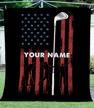 Load image into Gallery viewer, Personalized vintage black American flag golf club Fleece Blanket, Gifts For Golf lovers NQS7005