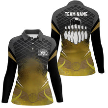 Load image into Gallery viewer, Women bowling polo shirt Custom black gold bowling ball pins team league jersey, bowling gift NQS6329