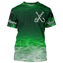Load image into Gallery viewer, Fish on green sea water camo Custom Name performance long sleeve fishing shirts uv protection NQS7039