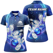 Load image into Gallery viewer, Women bowling polo shirts Custom blue light bowling ball pins hexagon pattern Bowling Team Jersey NQS6639