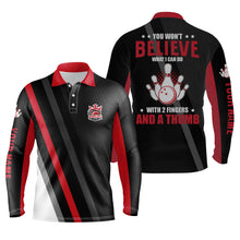 Load image into Gallery viewer, Red black personalized bowling shirt for bowling – custom name design side view