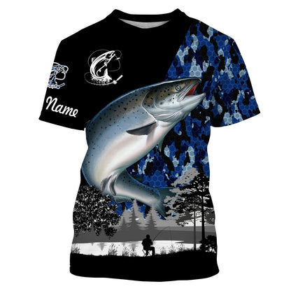 Chinook Salmon (King salmon) Fish blue camo Custom name performance anti UV long sleeve fishing shirts NQS3629