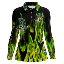 Load image into Gallery viewer, Women golf polo shirts Green clover skull St Patrick's Day golf shirts custom green fire golf apparel NQS7055