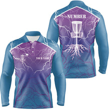 Load image into Gallery viewer, Blue &amp; purple Mens Disc golf polo shirt lightning thunder custom disc golf jerseys, disc golf shirt NQS7318