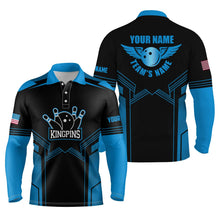 Load image into Gallery viewer, Blue black personalized bowling shirt for men – custom name design side view