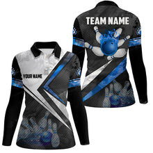 Load image into Gallery viewer, Black and white Bowling polo Shirt for women Custom bowling ball pins team Bowler Jerseys | Blue NQS6447