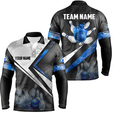 Load image into Gallery viewer, Black and white Bowling polo Shirt for men Custom bowling ball pins team Bowler Jerseys | Blue NQS6447