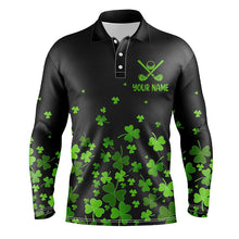 Load image into Gallery viewer, Mens golf polo shirts custom green clover St Patrick's Day black pattern golf polos shirt for men NQS7183