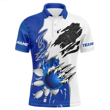 Load image into Gallery viewer, White Bowling polo Shirt for men Custom bowling ball pins Jerseys flame bowling shirt | Blue NQS6460