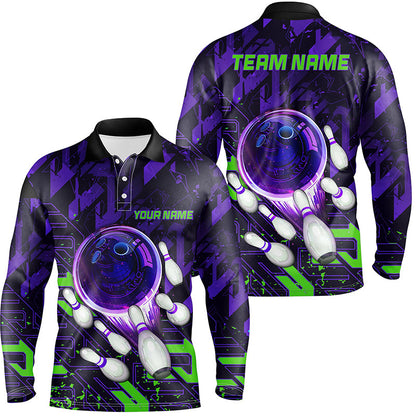 Mens Bowling polo shirts Custom purple green abstract Bowling Team league Jerseys, bowling gifts NQS7102