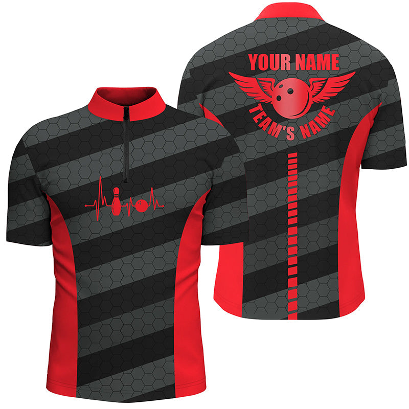 Men's bowling Quarter Zip shirts custom bowling team shirts for bowlers, team bowling jerseys | Red NQS7219
