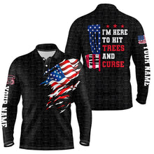 Load image into Gallery viewer, American flag Mens disc golf polo shirt custom black disc golf pattern i'm here to hit trees and curse NQS6288