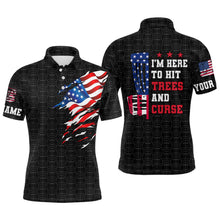 Load image into Gallery viewer, American flag Mens disc golf polo shirt custom black disc golf pattern i'm here to hit trees and curse NQS6288