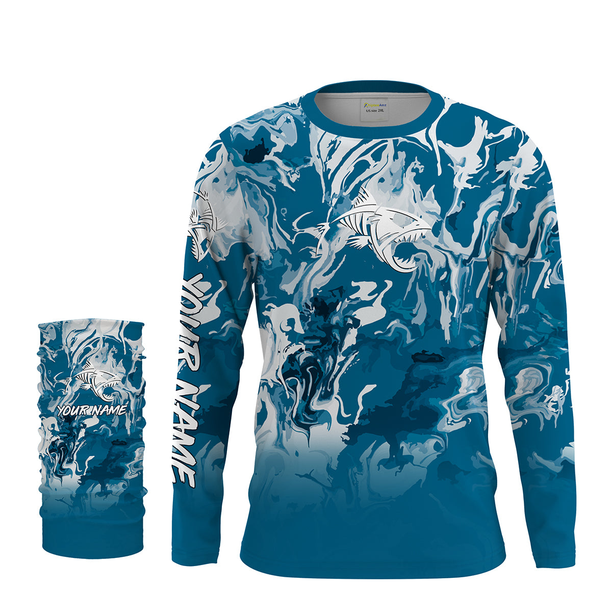 Fish Skeleton Sea waves Camo Long Sleeve Tshirt Performance Fishing Shirts with UV Protection - Personalized Fishing Gifts FSD2231