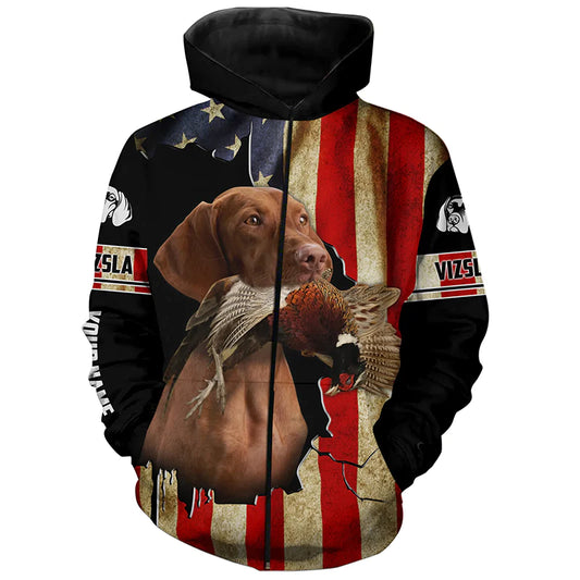 Vizsla Bird Dog Pheasant hunting American flag Custom Name Shirts, gifts for hunting dog owners FSD3801