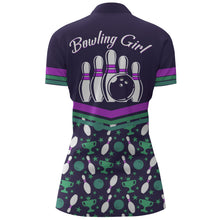Load image into Gallery viewer, Women Bowling Shirt Personalized Name, Bowling Girl Purple Bowlers Jersey Quarter-Zip Short Sleeves NBZ34