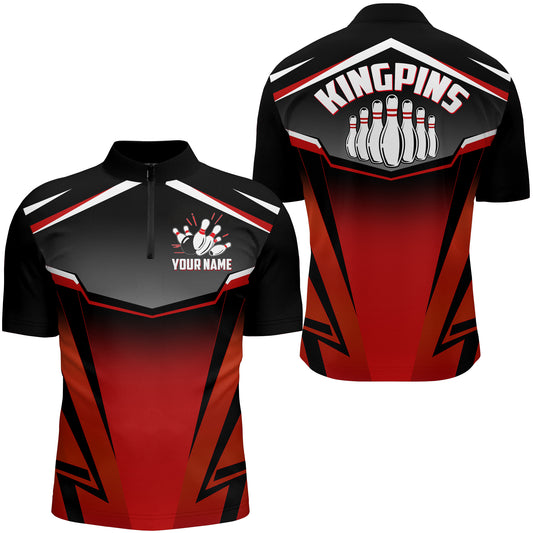 Custom Bowling Shirt for Men, Kingpins Red Quarter-Zip Bowling Shirt with Name, Men Bowlers Jersey NBZ180
