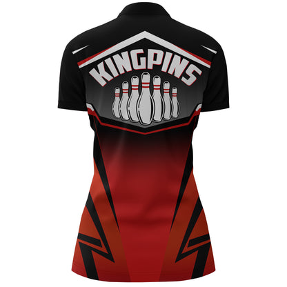 Custom Bowling Shirt for Women, Kingpins Red Quarter-Zip Bowling Shirt with Name Ladies Bowl Jersey NBZ180