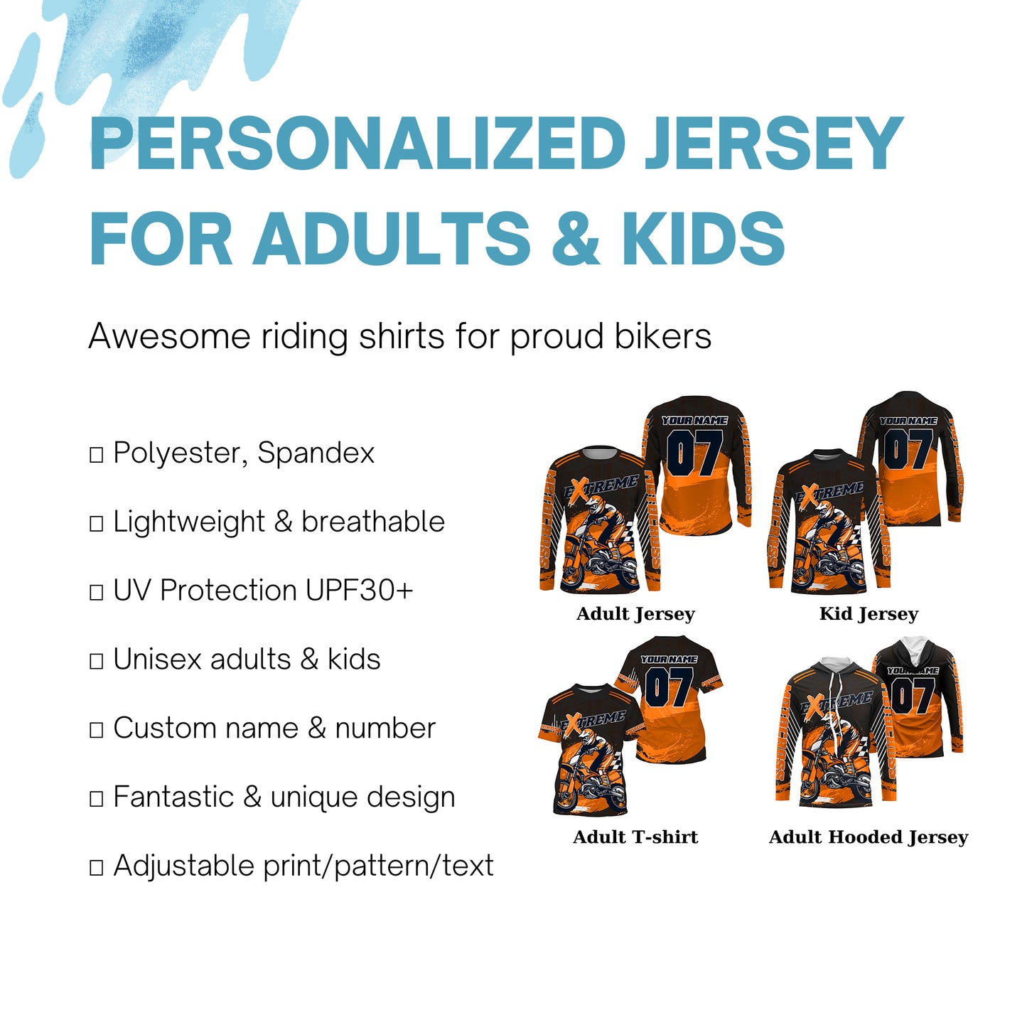 Kid adult youth custom orange UPF30+ Motocross jersey extreme racing MX Off-Road Motorcycle PDT38