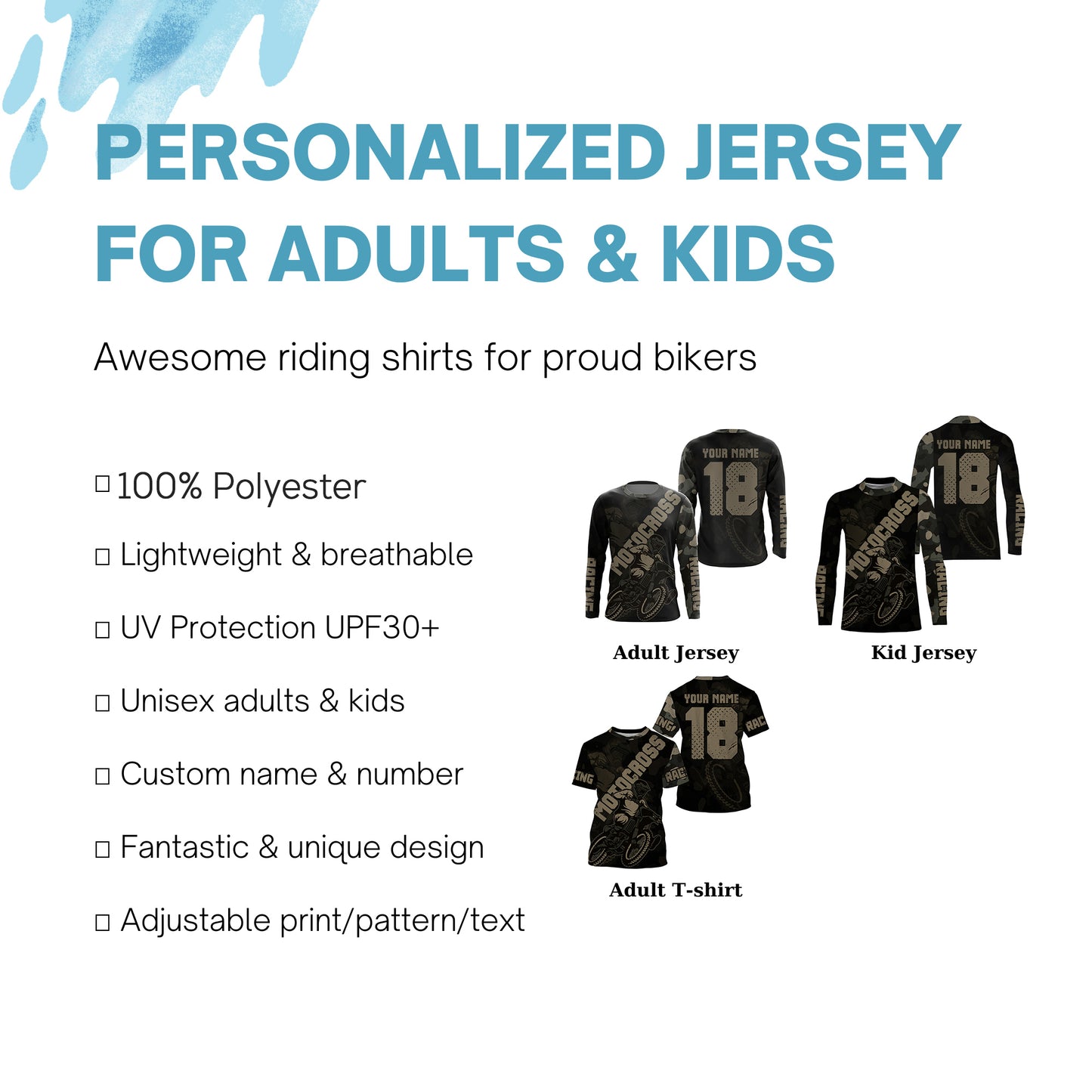 Camo kid&adult Motocross riding jersey personalized dirt bike shirt UV off-road racing motorcycle PDT142