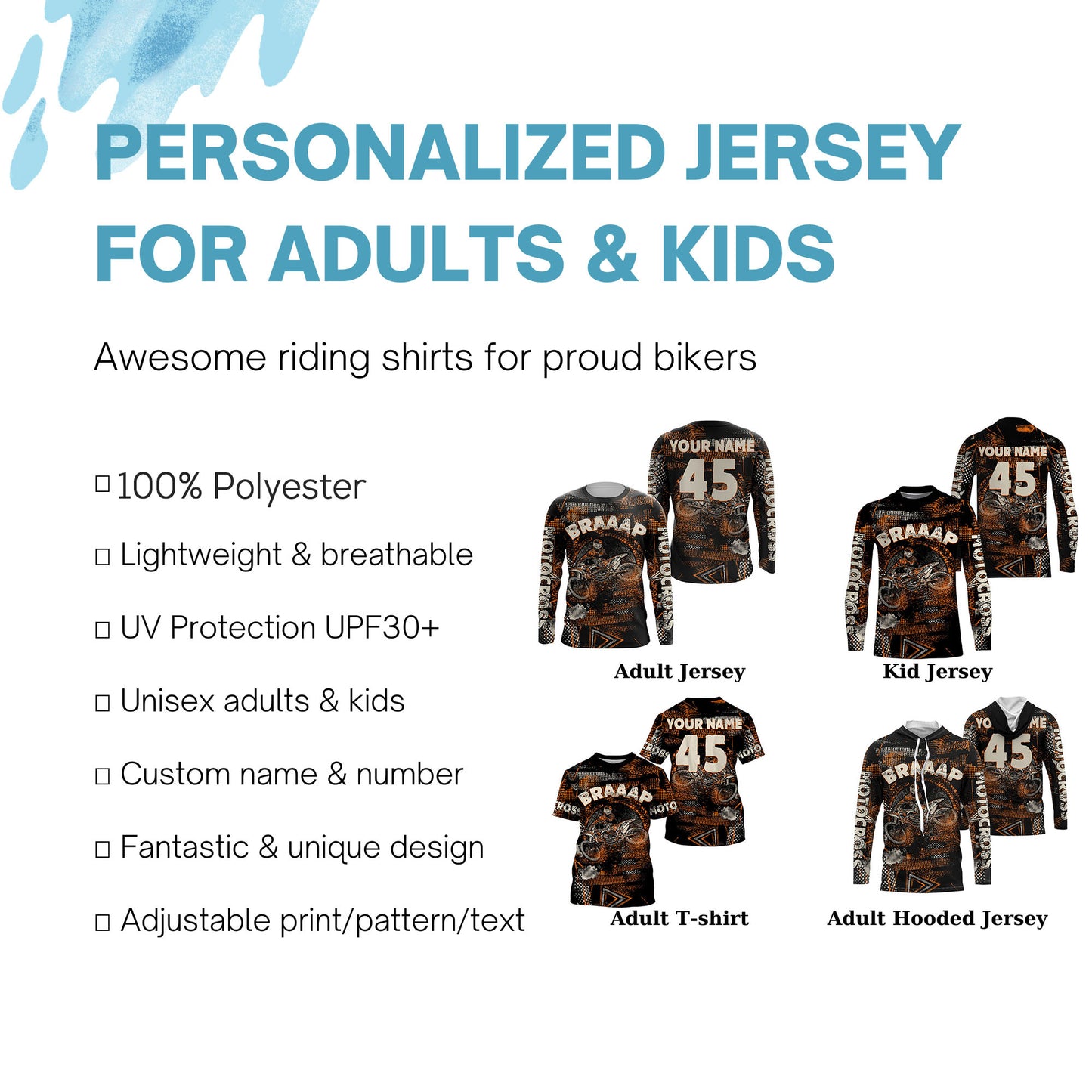 Dirt bike custom youth kid adult MX jersey UPF30+ motocross orange off-road motorcycle riding PDT61