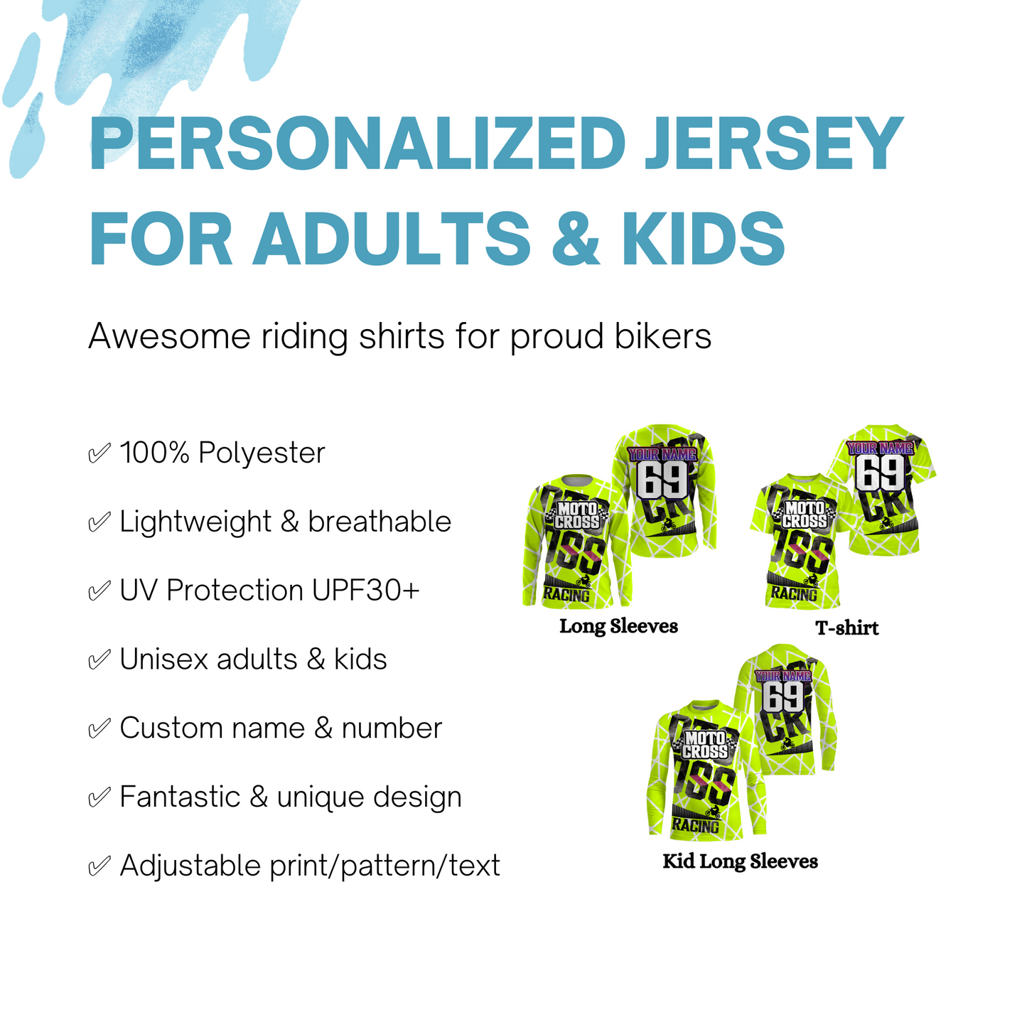 Motocross Racing Jersey Personalized  UPF30+, Motorcycle Dirt Bike Racing Off-Road Riders Racewear| NMS432
