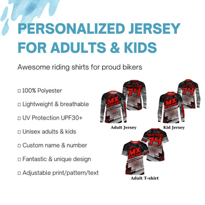 Personalized Motocross Jersey Youth Men Women Red Dirt Bike Off-Road Shirt UPF30+ Motorcycle PDT379